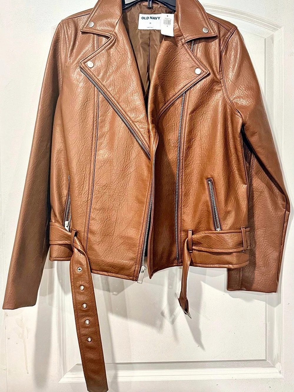 NWT Old Navy Faux-Leather Belted Biker Jacket Brown